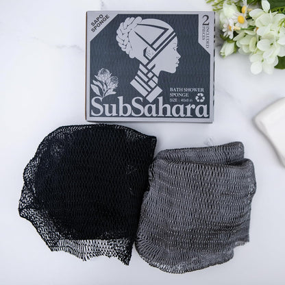 SubSahara Authentic African Net Sponge - 2 Pack Exfoliating Bath & Shower Loofah Sponge for Body & Face, Gentle Scrubber for All Skin Types, Travel, Durable Polyester (Olive Green & Light Green)