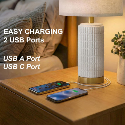 PoKat 20.75" Small Modern Ceramic Table Lamps Set of 2 for Bedroom, White Bedside Lamps for Night Stands, Farmhouse Desk Home Decor Gift Nightstand Table Lamps for Living Room End Table Beige