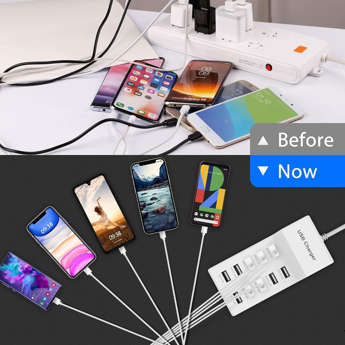 USB Charger Station Block 10-Port USB-A Power Strip Plug for Multi Devices