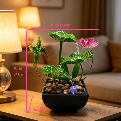 Tabletop Fountain,Indoor Water Fountain,Home Fengshui Décor Zen Relaxation Soothing Sound Machine for Office,Living Room,or Bedroom,Green Lotus,Hummingbird & Pink Flower,9.1inch