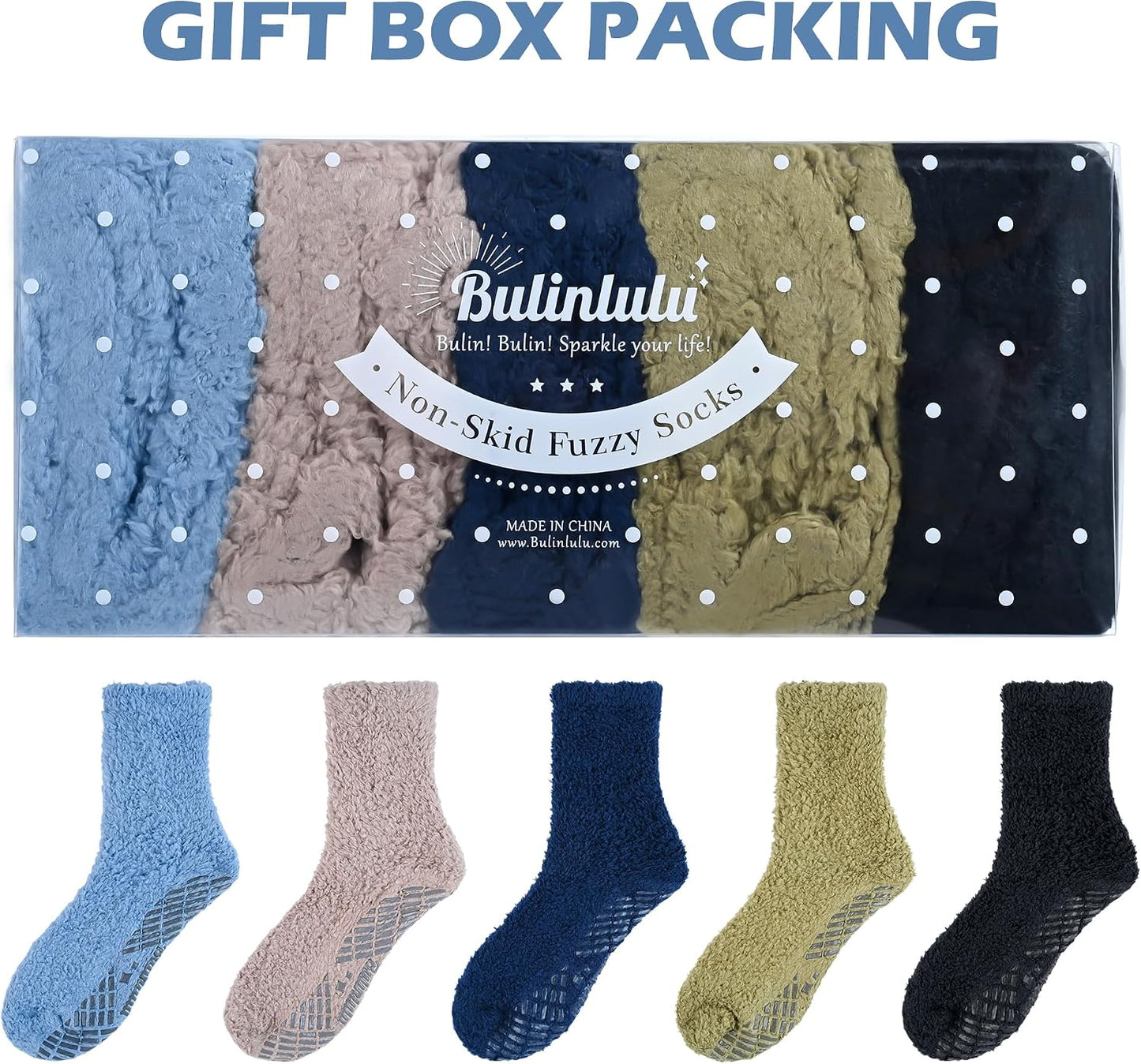 Bulinlulu Fuzzy Socks With Grips for Women, 5 Pairs Non Slip Sleep Warm Fluffy Slipper Socks Gifts for Women
