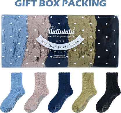 Bulinlulu Fuzzy Socks With Grips for Women, 5 Pairs Non Slip Sleep Warm Fluffy Slipper Socks Gifts for Women