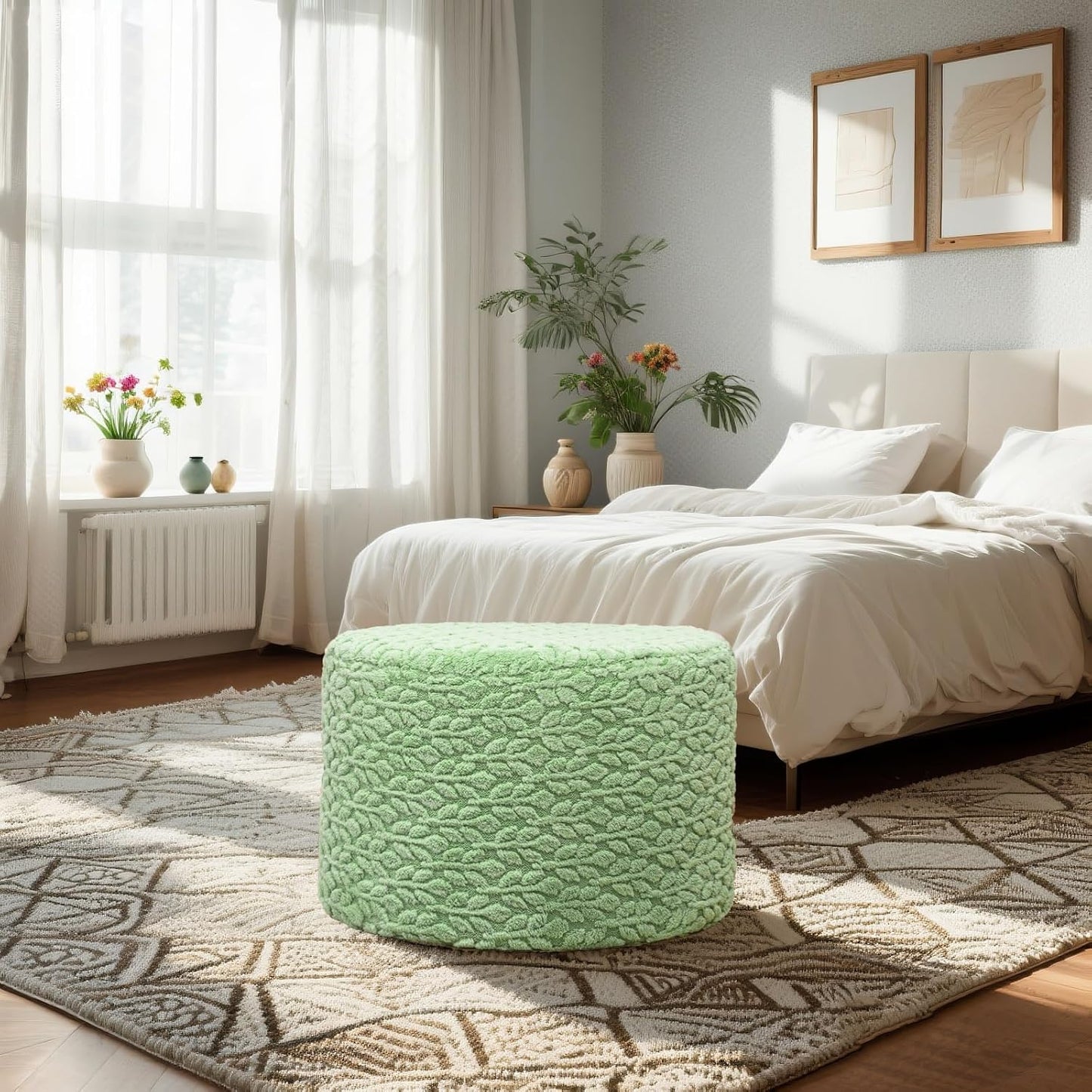 Round Pouf Ottoman 20 x 20 x 14 Inches Boho Poof Home Decor Floor Pouffe Ottoman Foot Rest for Couch Sofa Bean Bag Chairs Living Room Bedroom (Green)