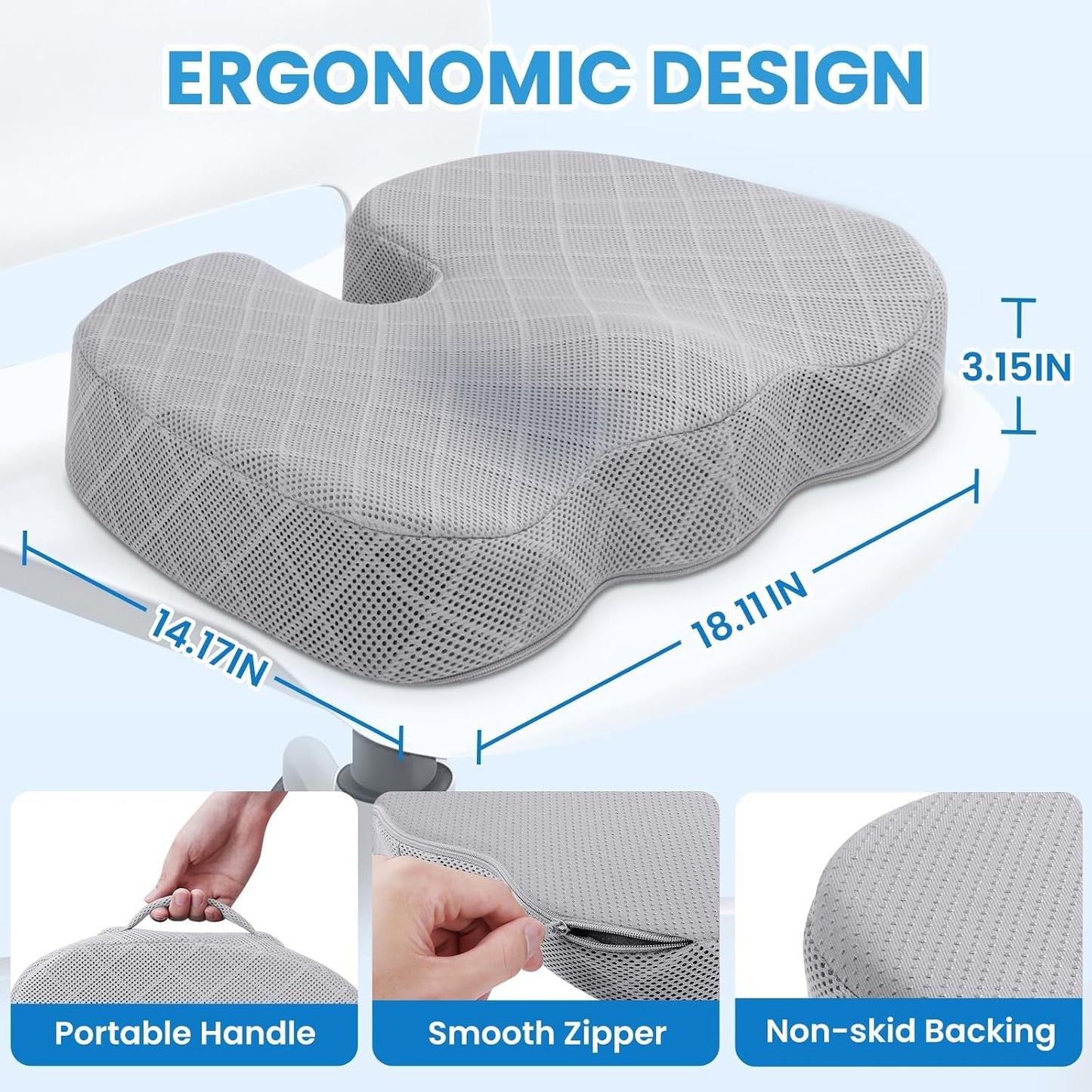 TushGuard Seat Cushion - Memory Foam Sitting Pillow for Office Chair, Car Seat, Airplane, Bleacher - Sciatica & Hip & Coccyx Pain Relief Desk Chair Cushion for Long Sitting Office Workers, Car Drivers