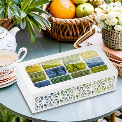 Tea Box,Wood Tea Organizer and Storage,12 Compartments Teas Bag Holder Organizer with Clear Window for Countertop Kitchen Cabinet Pantry (Smoky)