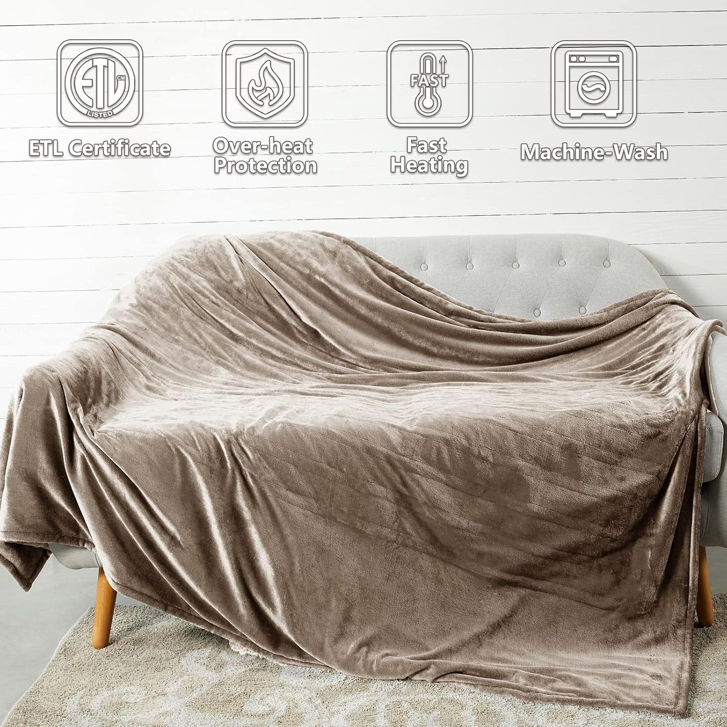 Tefici Heated Blanket Throw 50"x60", Ultra Soft 2-Layer Flannel Electric Blanket, for Home Office Sofa,3 Heat Settings, 4H Auto Off, ETL FCC Certified, Overheat Protection, Machine Washable, Camel