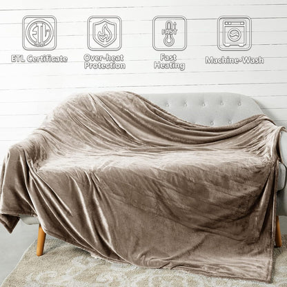 Tefici Heated Blanket Throw 50"x60", Ultra Soft 2-Layer Flannel Electric Blanket, for Home Office Sofa,3 Heat Settings, 4H Auto Off, ETL FCC Certified, Overheat Protection, Machine Washable, Camel