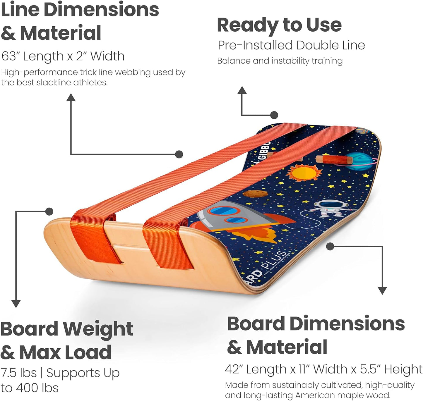 GIBBON SlackBoard - GiBoard Balance Board - Gift for Kids & Adults - 1 & 2 Line Options - Slackline Balance Trainer for Core Workouts, Standing Desk Exercise, Home Gym, Yoga & More
