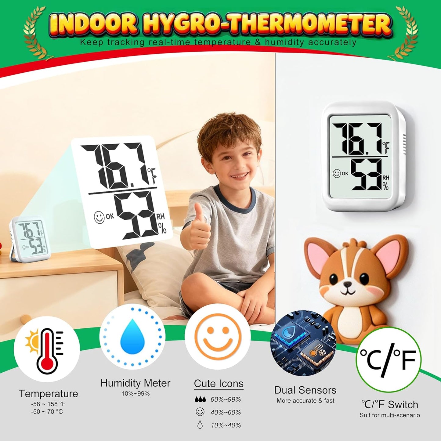 Antonki 2 Pack Room Thermometer for Home, Hygrometer Indoor Humidity Meter Gauge, Digital Temperature and Humidity Monitor Sensor for House, Terrarium, Incubator, Greenhouse - Battery Included