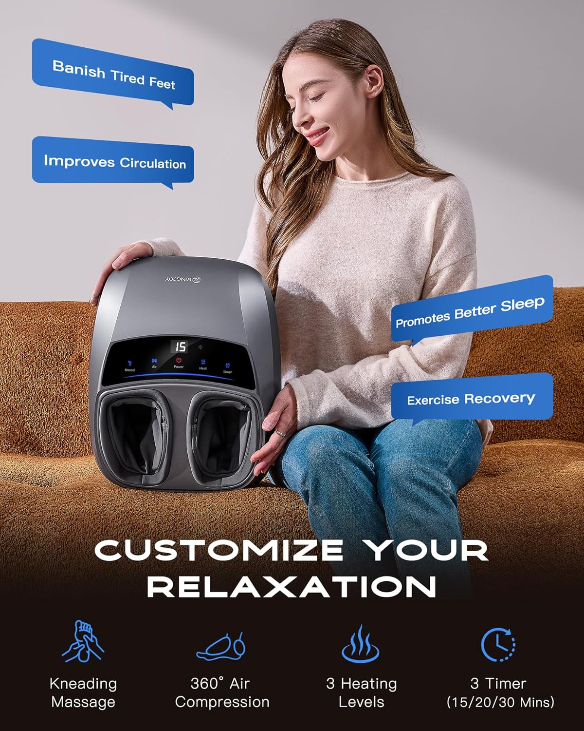 KINGJOY Foot Massager with Heat for Neuropathy, [2026 Upgraded], Deep Kneading Shiatsu Foot Massager for Plantar Fasciitis, Fits Up to Men Size 14, Ideal for Seniors and Family Daily Care
