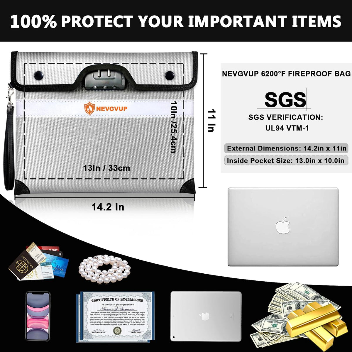 Upgraded 6200°F Fireproof Document Bag with Lock, Fire proof Money Bag for Cash with Zipper/Reflective Strip, 9 Layer of Heat Insulated Material, Water Resistant Fireproof Bags for Documents,Safe Bags