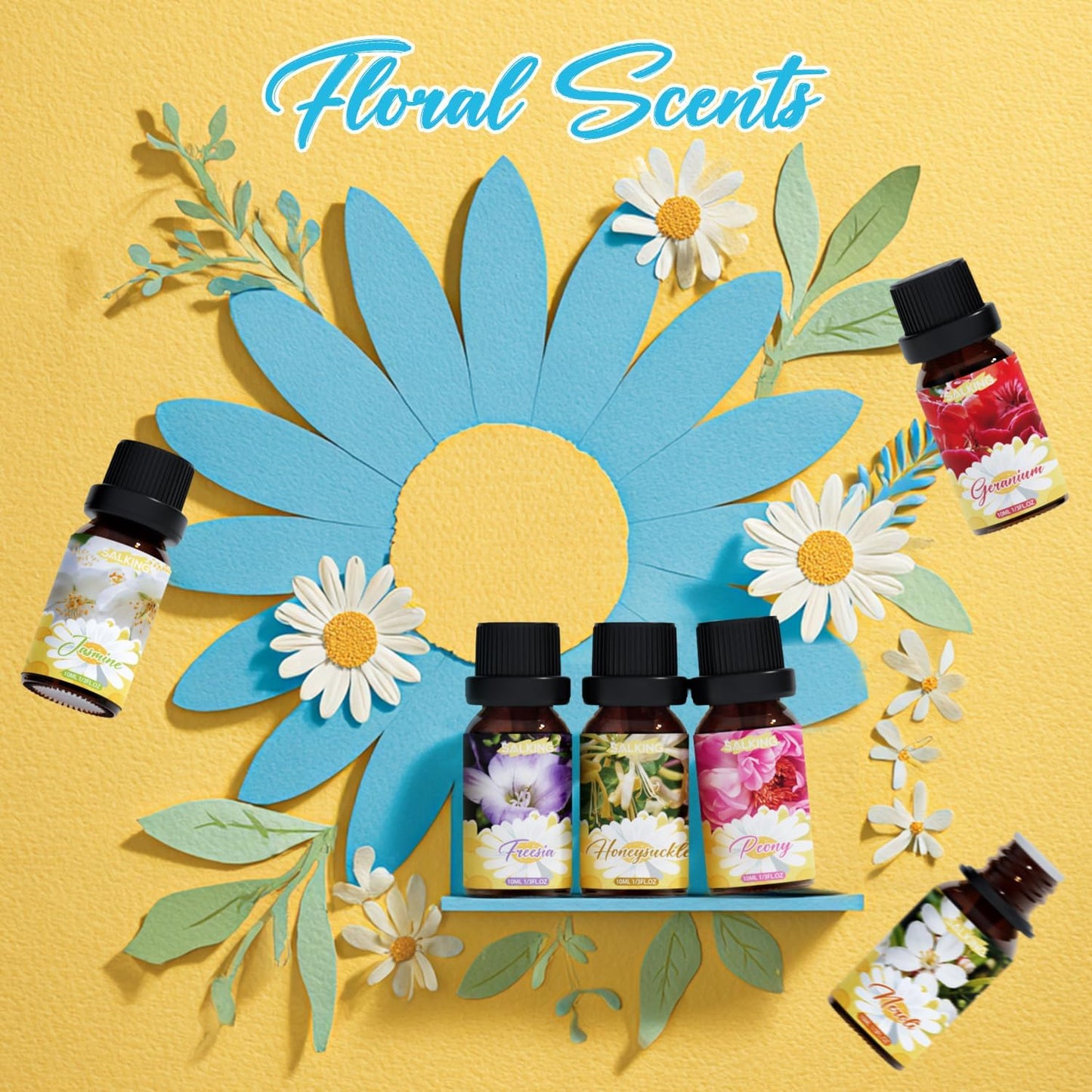 SALKING Floral Essential Oils Set, Premium Pure and Natural Essential Oils, Fragrance Oil Scented Oils for Oil Diffusers 6 x 10 ML - Lavender, Rose, Jasmine, Cherry Blossom, Gardenia, Chamomile