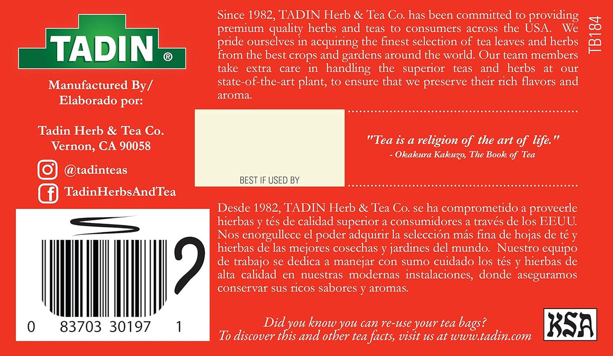 Tadin Turmeric Tea Blend, Herbal Tea, Caffeine Free Tea, Decaf Tea, Tea Packets for Hot Tea, 24 Tea Bags Per Box, Pack of 6