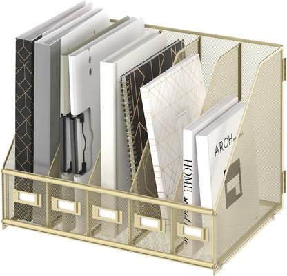 SUPEASY Desk Organizers Metal Desk Magazine File Holder with 5 Vertical Compartments Rack File Organizer for Office Desktop, Classroom, Home Workspace, Black