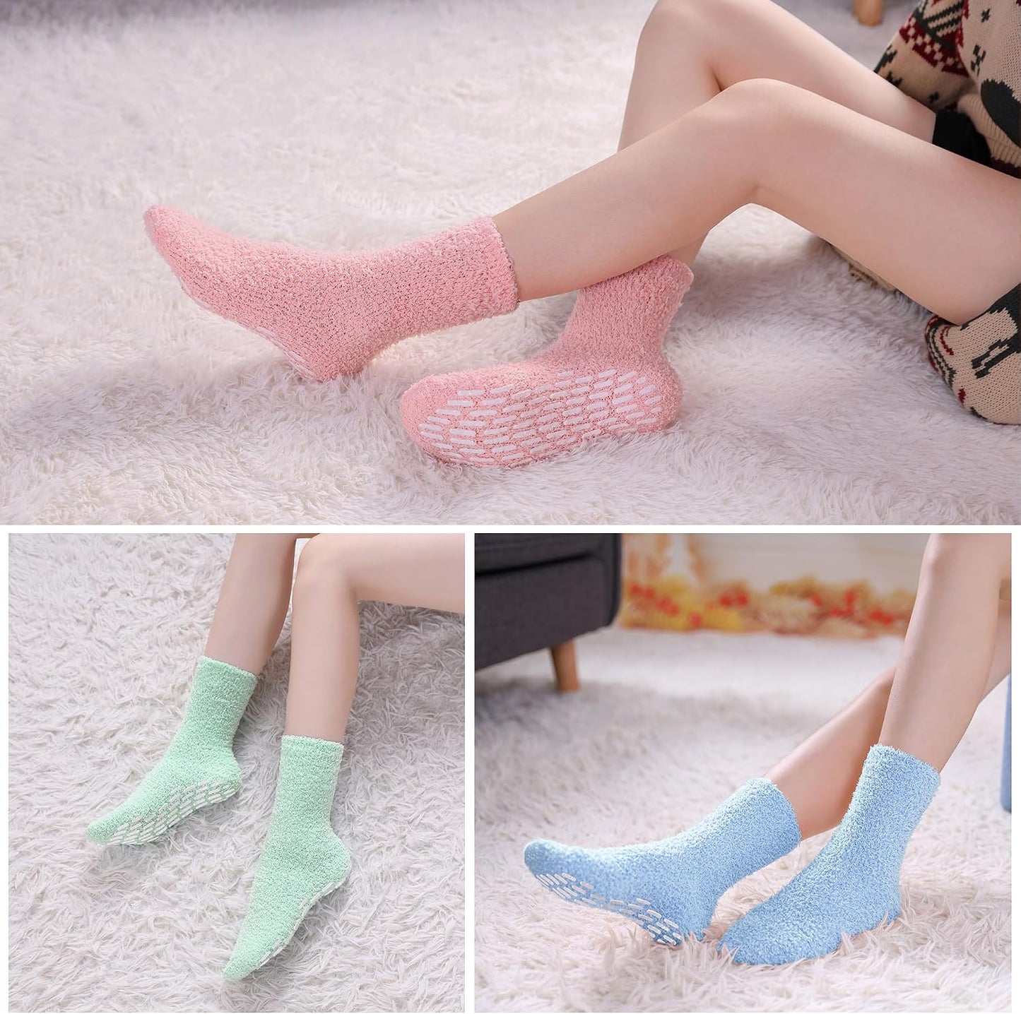MQELONG Non Slip Hospital Socks with Grips for Women Winter Warm Cozy Fuzzy Slipper Soft Fluffy Sleep Socks