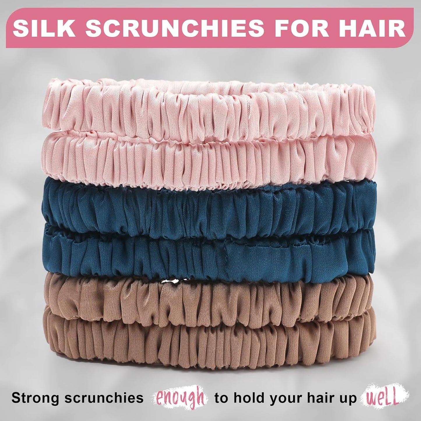 6Pcs Silk Hair Ties 100% Pure Mulberry Silk Scrunchies for Women Girls | No Hair Crease, Anti Frizz, Gentle Hold, No Damage, Black Brown Pink