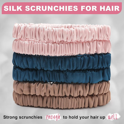 6Pcs Silk Hair Ties 100% Pure Mulberry Silk Scrunchies for Women Girls | No Hair Crease, Anti Frizz, Gentle Hold, No Damage, Black Brown Pink