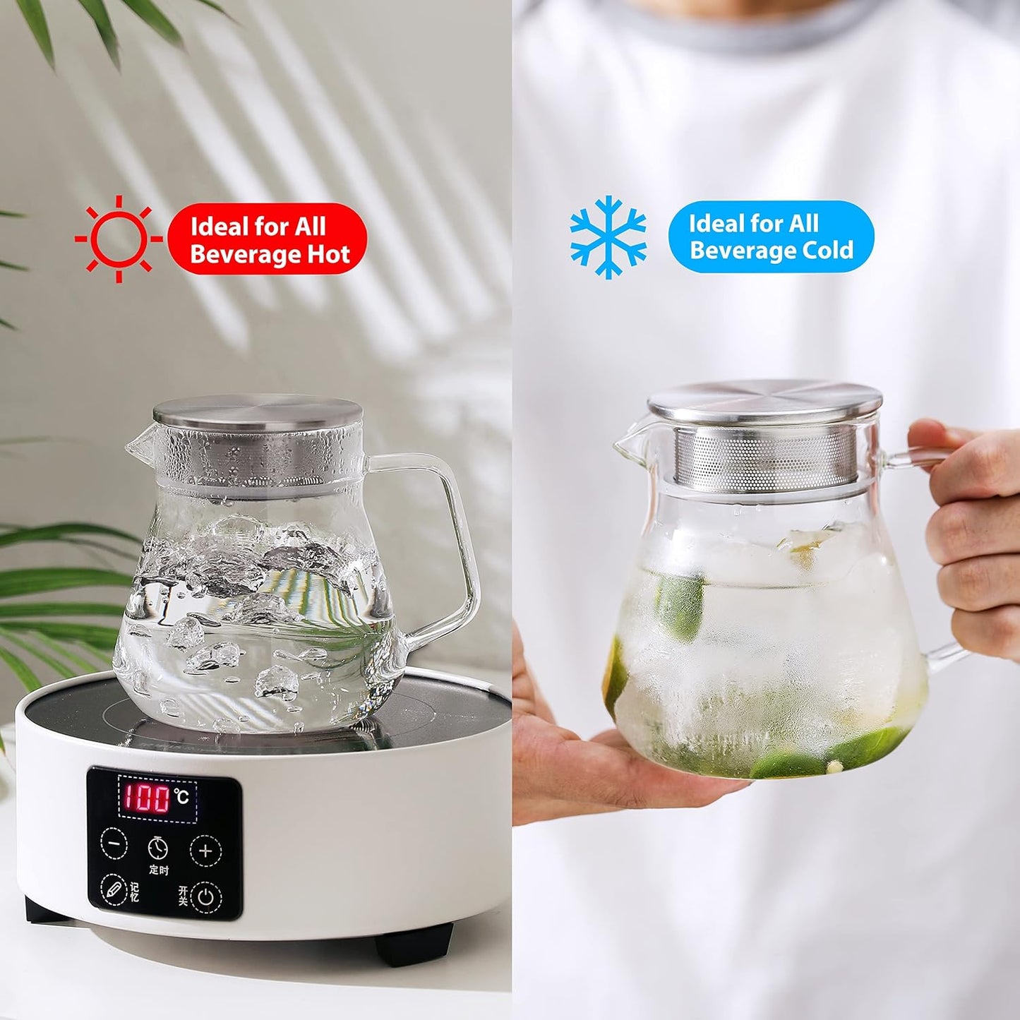 CNGLASS One-Touch Glass Teapot with Stainless Steel Filter Lid,20oz(600ml) Glear Tea Kettle Stovetop Safe,Borosilicate Glass Tea Pots for Loose Leaf Tea