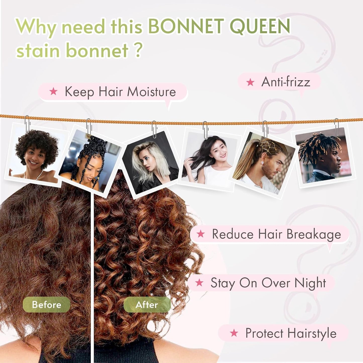 BONNET QUEEN Silk Bonnet for Sleeping for Women Satin Bonnet Night Cap for Curly Hair with Tie Band, Single Layer, Cream Pink