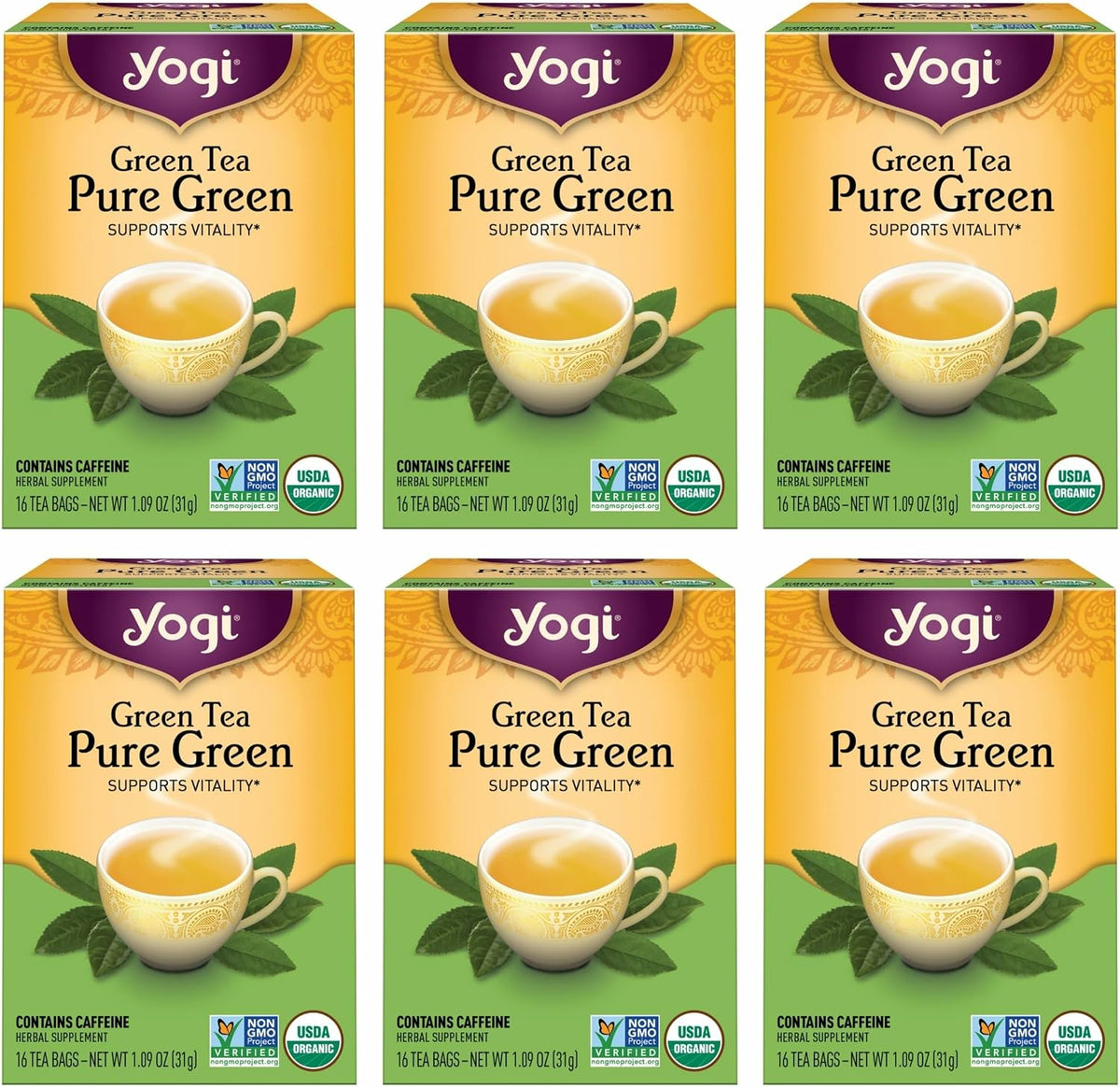 Yogi Pure Green Tea, 16 Tea Bags (6 Pack)