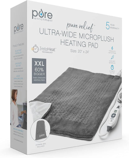 Pure Enrichment PureRelief Ultra-Wide Microplush Heating Pad - 20” x 24” XXL Size & 6 Heat Settings for Temporary Neck, Shoulder & Back Pain Relief - Moist Heat Option & Machine Washable (Gray)