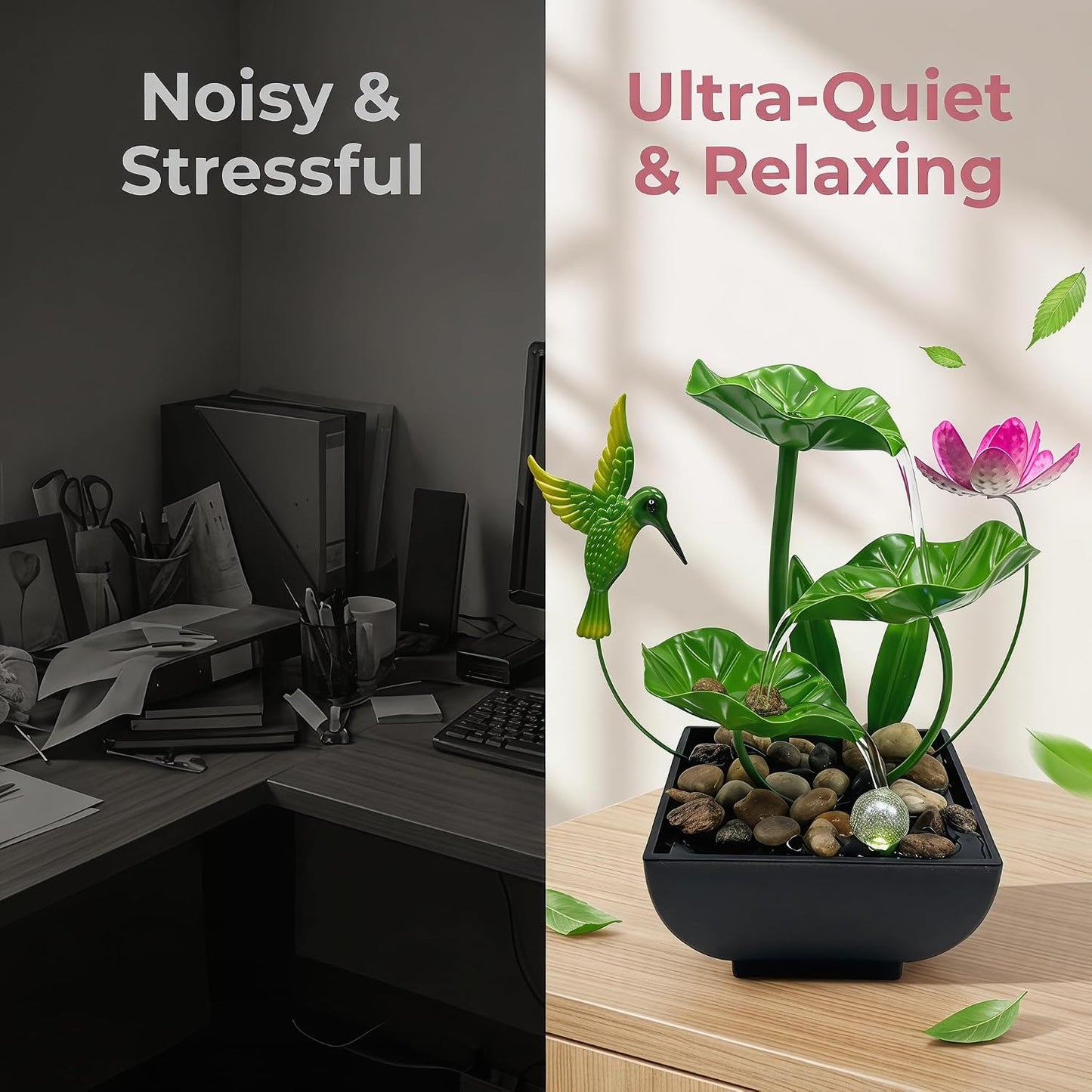 Tabletop Fountain,Indoor Water Fountain,Home Fengshui Décor Zen Relaxation Soothing Sound Machine for Office,Living Room,or Bedroom,Green Lotus,Hummingbird & Pink Flower,9.1inch