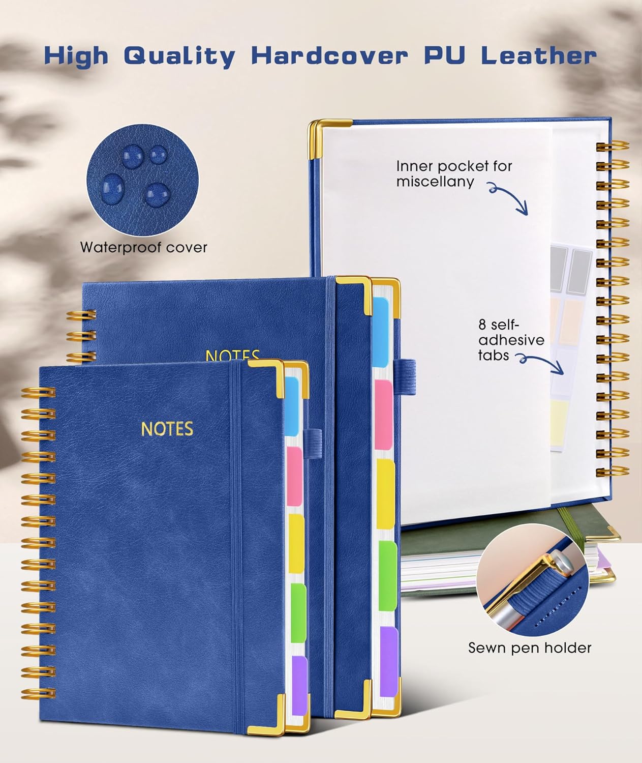 Hardcover Spiral Notebook journal with Removable Dividers Tabs, 300 Pages Leather 5 Subject Notebook College Ruled, 8"x10" Large B5 Notebooks for Work School Note taking, Lined Journal for Women,Black