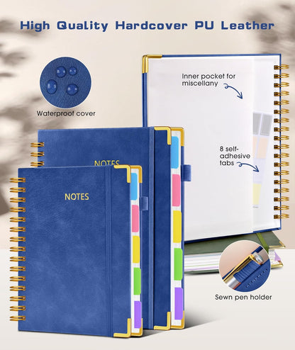 Hardcover Spiral Notebook journal with Removable Dividers Tabs, 300 Pages Leather 5 Subject Notebook College Ruled, 8"x10" Large B5 Notebooks for Work School Note taking, Lined Journal for Women,Black