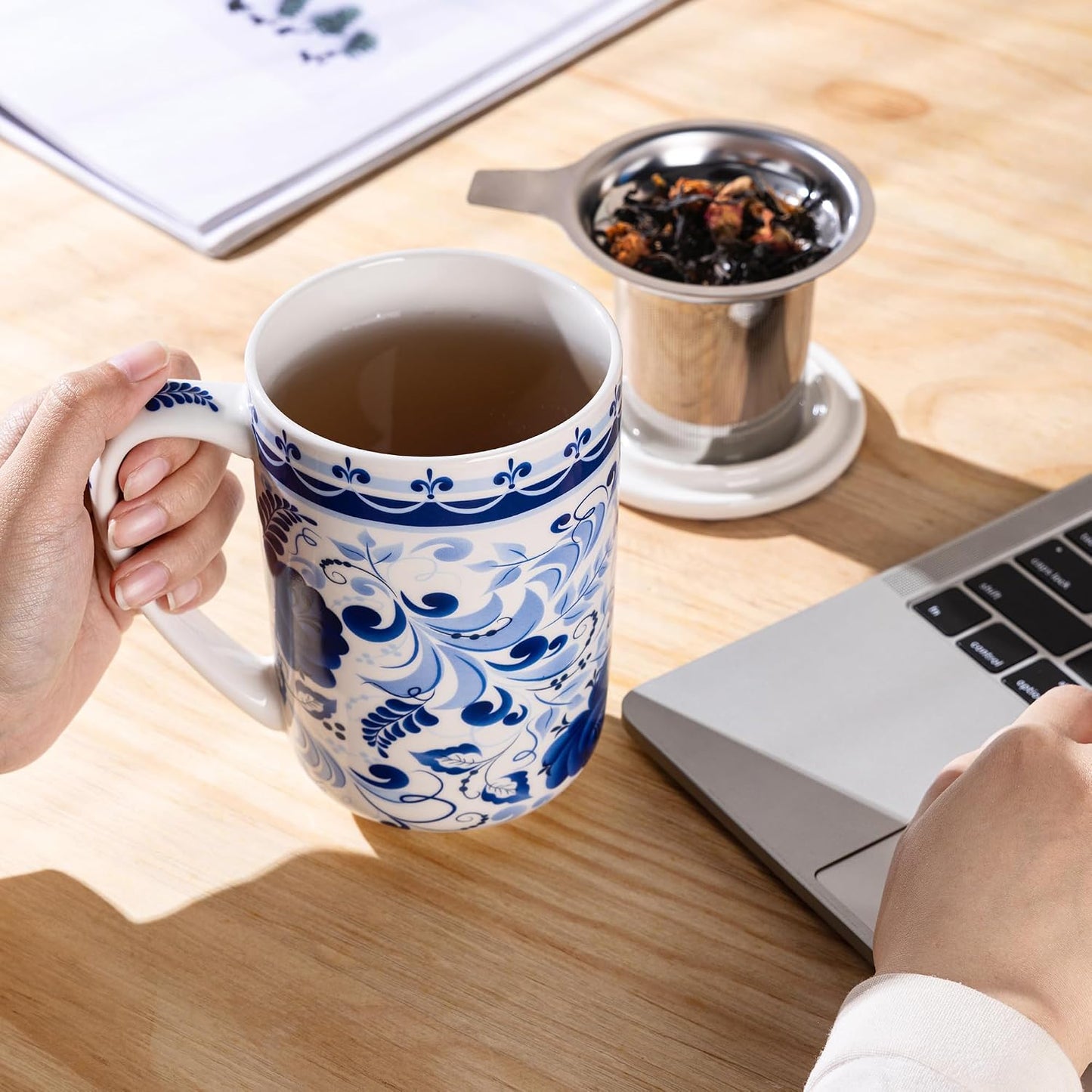 GBhome Tea Mug with Infuser and Lid, 18 Ounce Large Ceramic Loose Leaf Cup, Microwave, Dishwasher Safe, Perfect for Tea Lovers