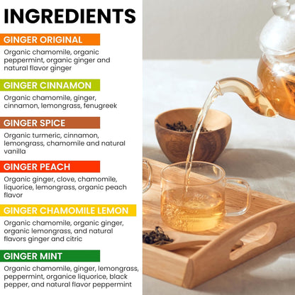 Tipson Organic Ginger Variety Sampler - 6 Flavors (60 Tea Bags), Herbal Tea Infusions - USDA Organic, Non GMO, and Gluten Free
