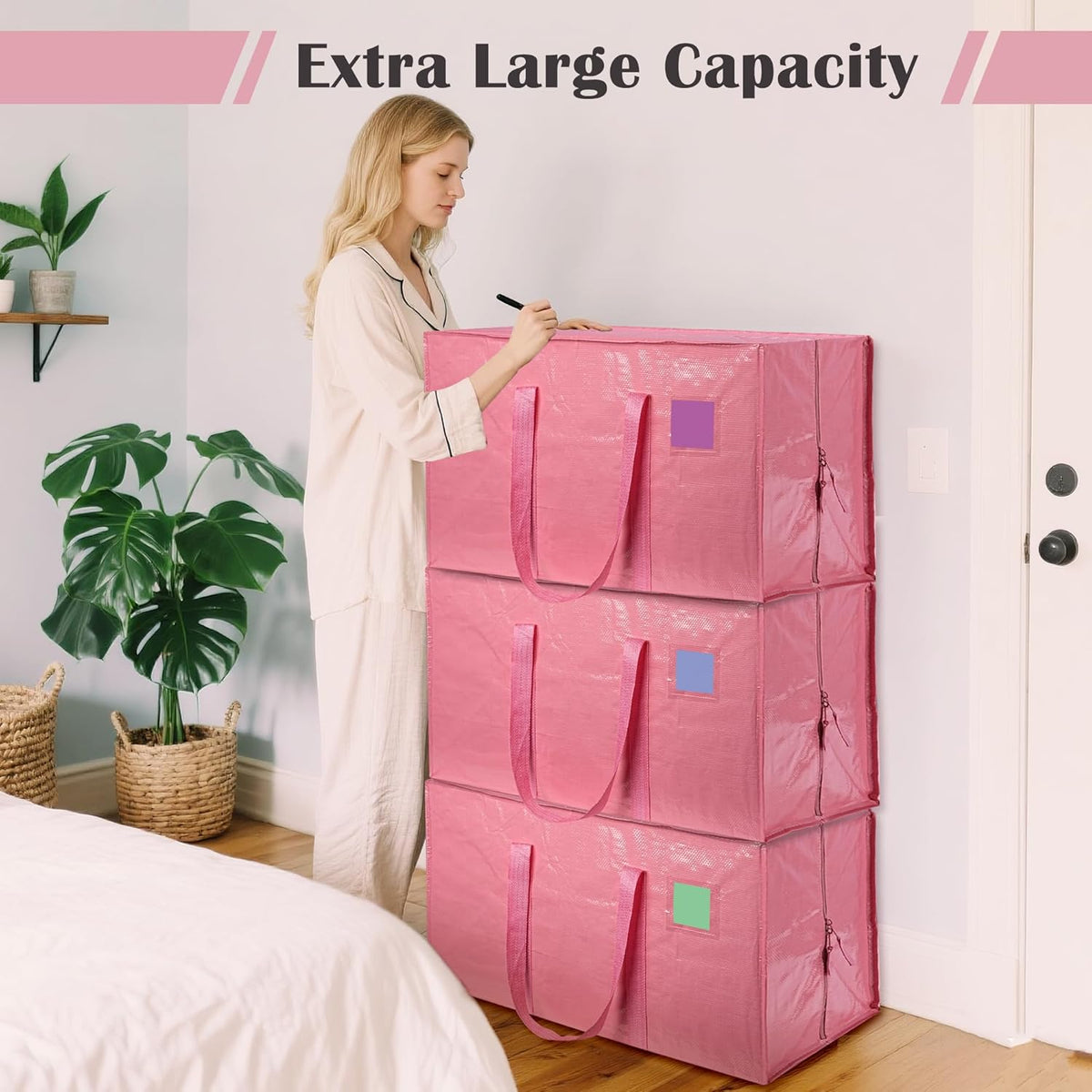 Moving Bags Heavy Duty 210GSM with Full-Open Side Zipper, 93L 220lbs Waterproof Foldable Storage Totes for College Dorm Move-In, Moving Boxes Alternative & Home Organization, Blue