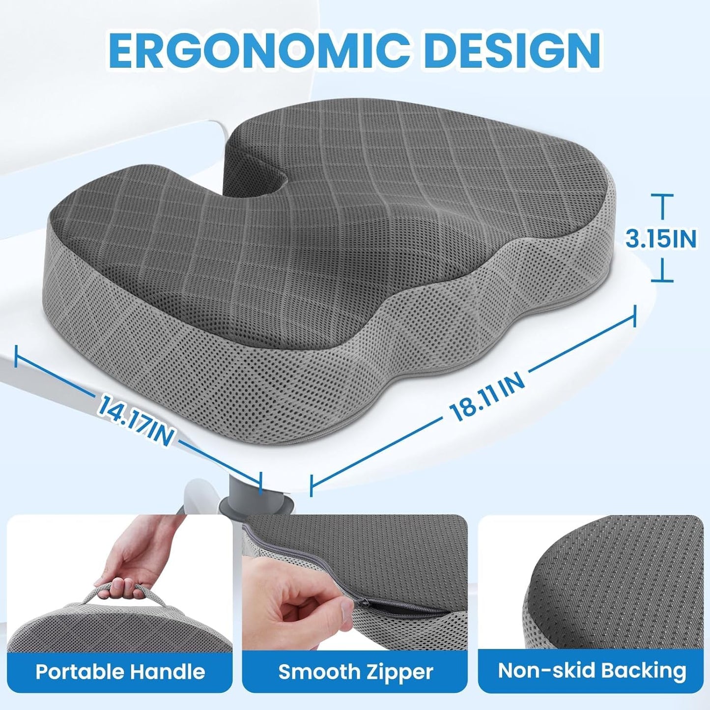 TushGuard Seat Cushion - Memory Foam Sitting Pillow for Office Chair, Car Seat, Airplane, Bleacher - Sciatica & Hip & Coccyx Pain Relief Desk Chair Cushion for Long Sitting Office Workers, Car Drivers