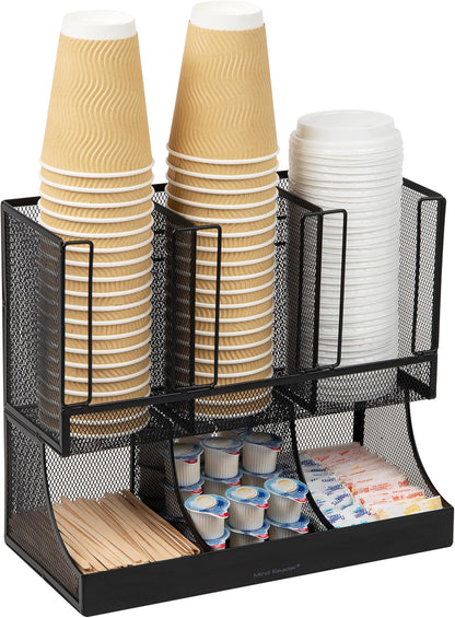Mind Reader Condiment Station, 13 Inch Countertop Coffee Bar Organizer with 6 Compartments, Storage Caddy for Cups, Lids and Packets, Plastic, Black