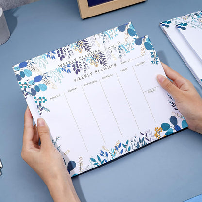 Weekly Planner Notepad Tear Off Set of 2 Weekly Calendar Pad 52 Undated To Do List Notepad Sheets Desk Planner Planning Pads Productivity Tracker for Work Goals Notes Schedule Ideas, Floral Blue