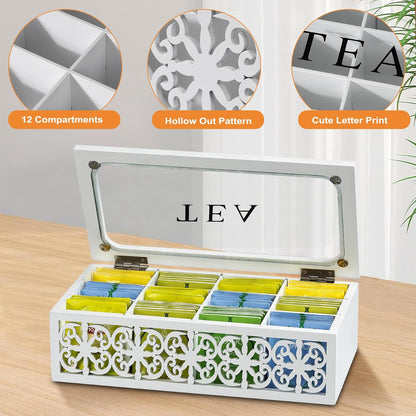 Tea Box,Wood Tea Organizer and Storage,12 Compartments Teas Bag Holder Organizer with Clear Window for Countertop Kitchen Cabinet Pantry (Smoky)