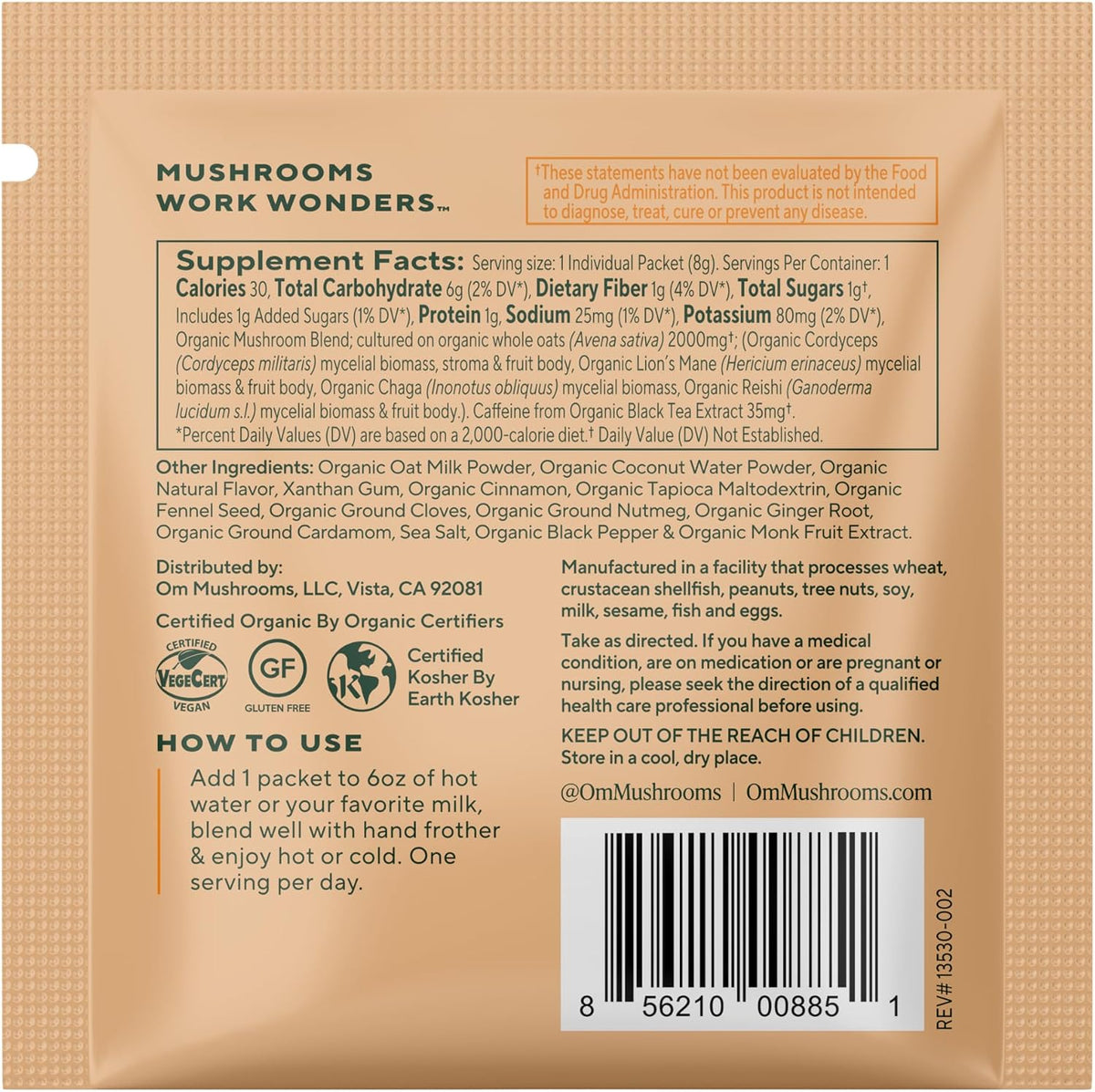 OM MUSHROOM SUPERFOOD Matcha Latte Blend – Green Tea Mushroom Powder with Lion’s Mane, Reishi, Chaga & Turkey Tail – Focus, Calm & Stress Support – 8.47 oz Canister (30 Servings)