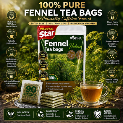 WOTIHA 90 Count Organic Premium Fennel Tea Bags - 100% Natural & Pure Herbal Tea, Supports Digestion & Reduces Bloating, Caffeine-Free, Sugar-Free, Gluten-Free, Vegan.Non-GMO