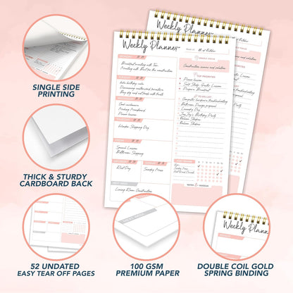 Decorably 52 Sheets Blue Undated Weekly Planner Notepad - 6.5x10in Spring-Bound, Easy Tear-Off Design, with Focus, Priorities, to-do List, Habit Tracker & Notes - Home, School, Office