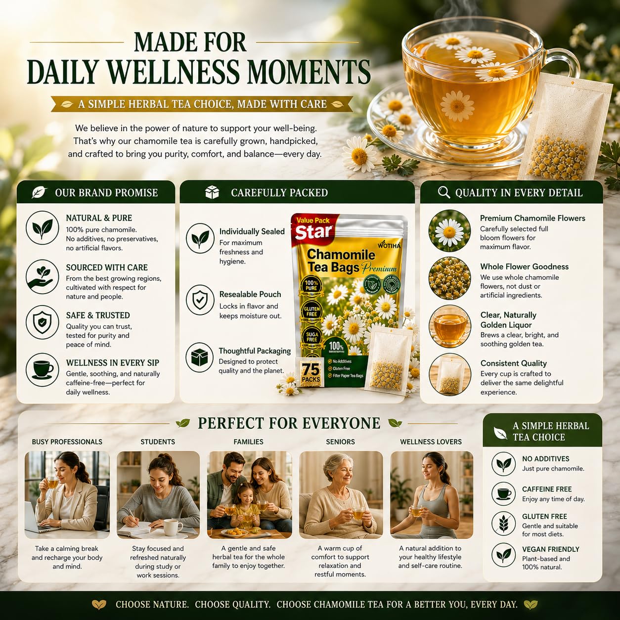 WOTIHA 75 Count Premium Chamomile Tea Bags - Pure Natural Chamomile Flowers, Supports Sleep & Relaxation, Eases Digestion, Caffeine-Free, Additive-Free, Sugar-Free, Vegan, Non-GMO.