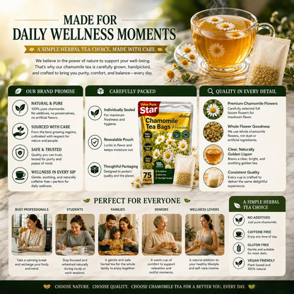 WOTIHA 75 Count Premium Chamomile Tea Bags - Pure Natural Chamomile Flowers, Supports Sleep & Relaxation, Eases Digestion, Caffeine-Free, Additive-Free, Sugar-Free, Vegan, Non-GMO.