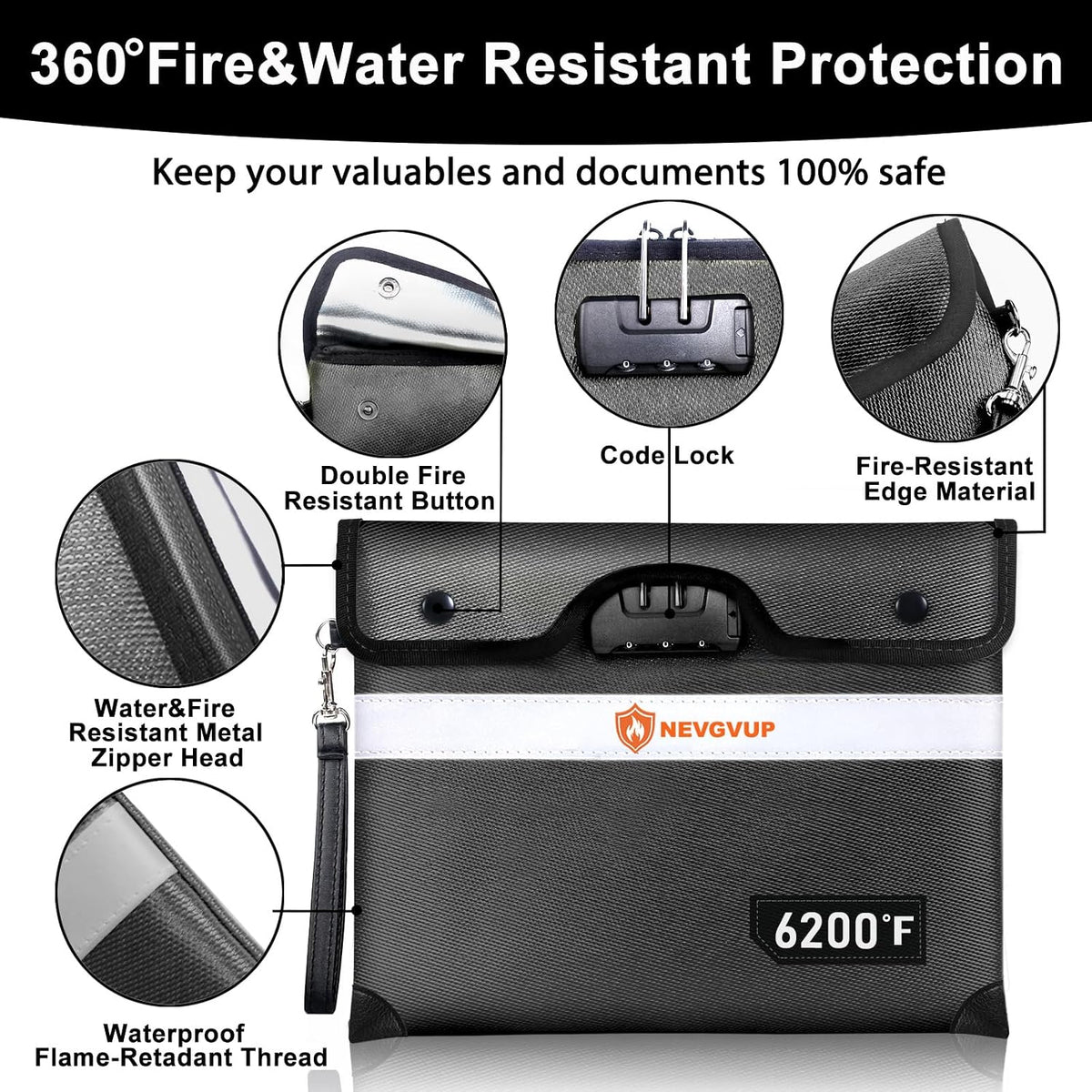 Upgraded 6200°F Fireproof Document Bag with Lock, Fire proof Money Bag for Cash with Zipper/Reflective Strip, 9 Layer of Heat Insulated Material, Water Resistant Fireproof Bags for Documents,Safe Bags