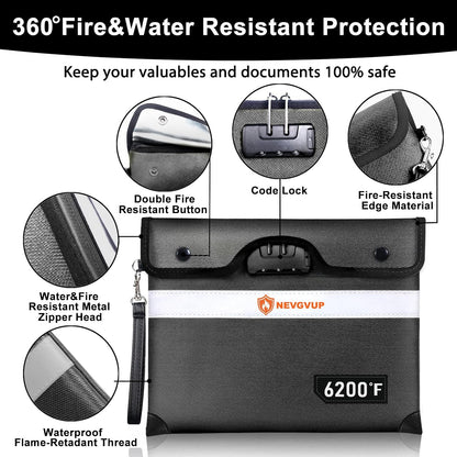 Upgraded 6200°F Fireproof Document Bag with Lock, Fire proof Money Bag for Cash with Zipper/Reflective Strip, 9 Layer of Heat Insulated Material, Water Resistant Fireproof Bags for Documents,Safe Bags