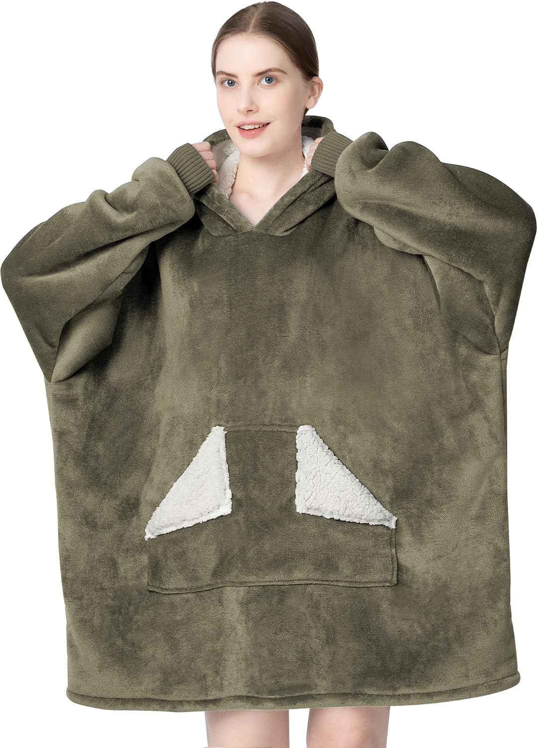 Touchat Wearable Blanket Hoodie, Oversized Sherpa Blanket Sweatshirt with Hood Pocket and Sleeves, Super Soft Warm Plush Hooded Blanket for Adult Women Men, One Size Fits All (Pink)