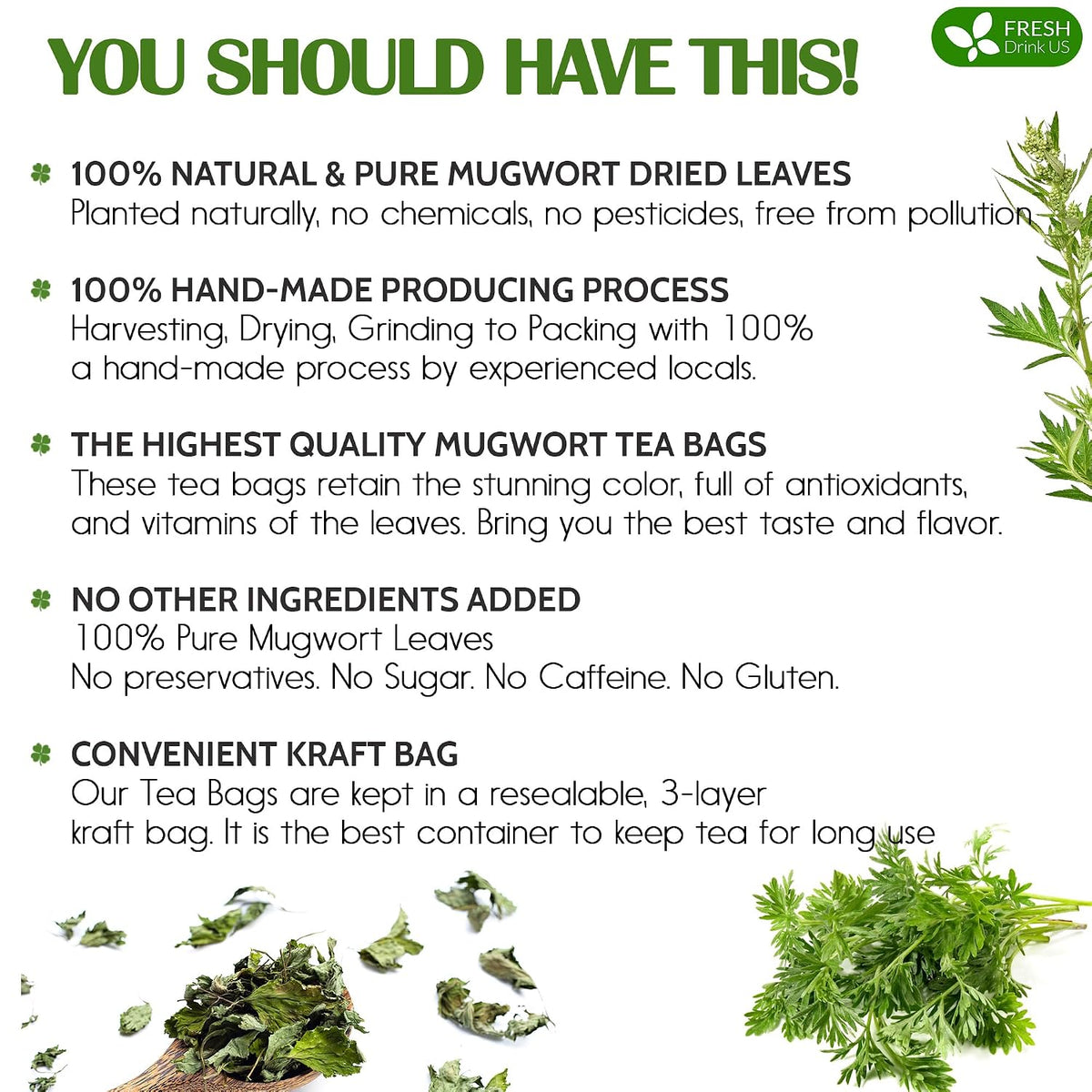 FreshDrinkUS, Premium 60 Mugwort Leaf Tea Bags, 100% Natural and Pure Mugwort Leaves. No Sugar, No Caffeine, No Gluten, Vegan.