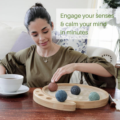 ENSO Zen Garden for Desk, Japanese Bamboo Sand Tray Therapy Kit | Lead-Free Granite Stone, Patented Elemental Design, 1-Inch Deep Bamboo Base, Includes Rake and Brush, Adult and Kids Use