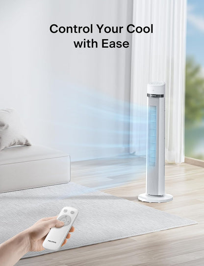 PELONIS 40 inch Bladeless Tower Fan for Bedroom, Standing Fan with Remote Control, 26ft/s, 90° Oscillation, 3 Speed Settings, 27dB, 3 Modes, 15-Hour Timer, LED Display, Fan that Blows Cold Air, White