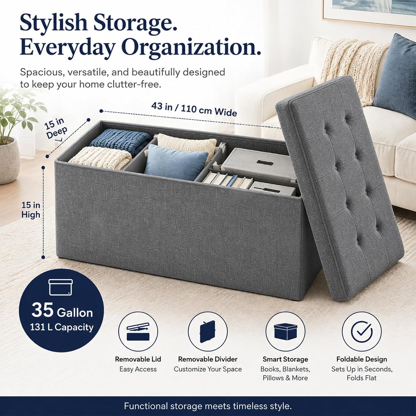 ALASDO Storage Ottoman Footrest Stool Small Ottoman with Storage Foldable Ottomans Foot Rest Footstool Bench for Living Room 17x13x13inches Grey