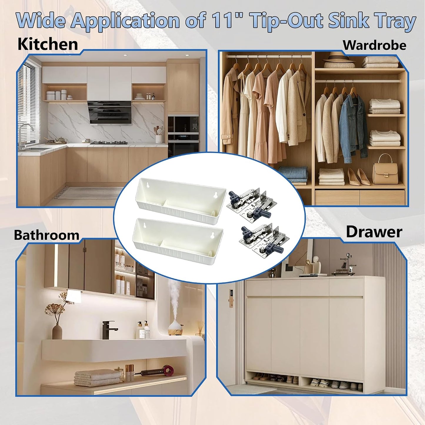 11" Tip-Out Plastic Sink Trays with LD-0220-50SC Steel Hinges | Kitchen Sink Front Tip Out Tray Kit for Bathroom and Kitchen | White (2 Trays & 4 Hinges & Screws Set & 1 Installation Wrench)