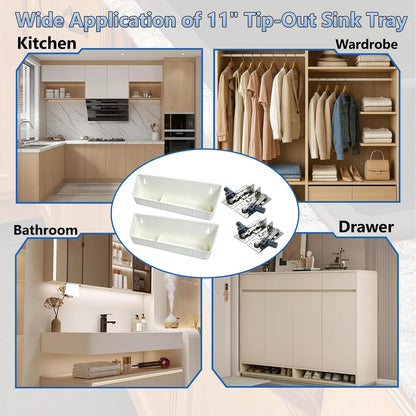 11" Tip-Out Plastic Sink Trays with LD-0220-50SC Steel Hinges | Kitchen Sink Front Tip Out Tray Kit for Bathroom and Kitchen | White (2 Trays & 4 Hinges & Screws Set & 1 Installation Wrench)