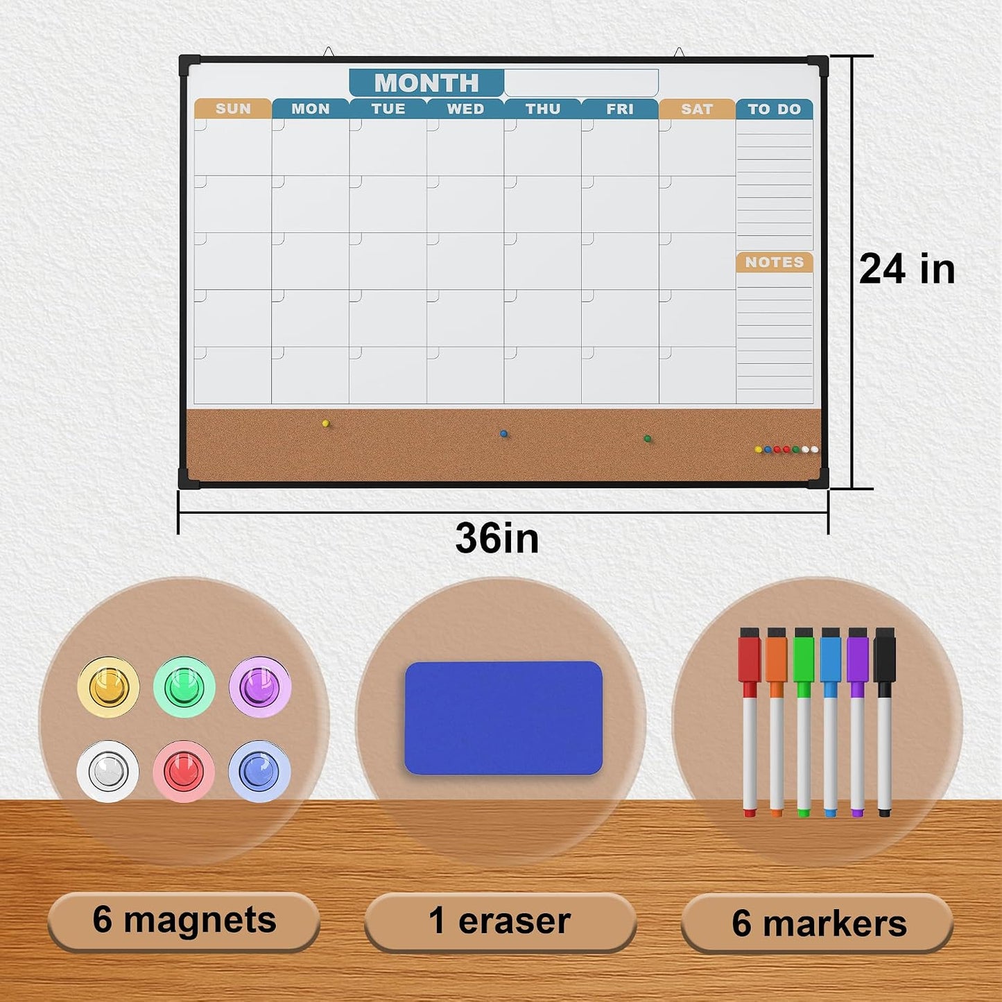 Monthly Calendar Dry Erase Board 16x12 Inch, Double-Sided Whiteboard and Corkboard Combo, Wall Mounted Planner Organizer with Markers, Magnets, Push Pins, Eraser, for Home Office School
